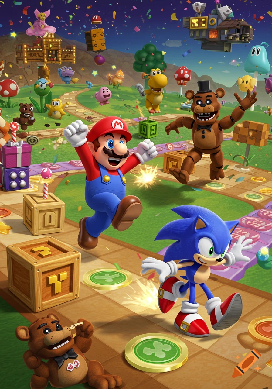 Mario, Sonic, and Freddy Fazbear run on a vibrant game board path, surrounded by confetti and video game elements.