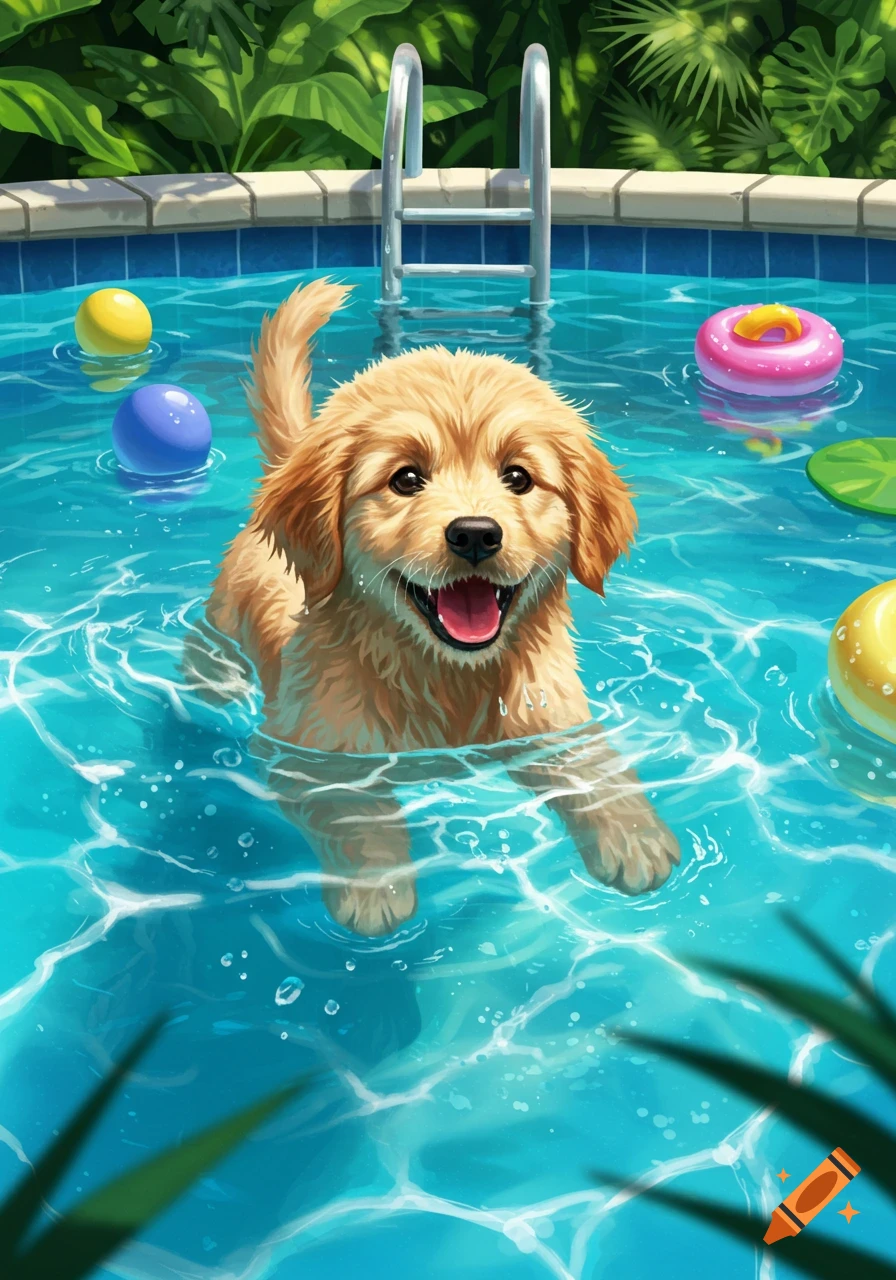 Stylized illustration of a happy golden retriever puppy swimming in a bright blue pool with colorful toys.