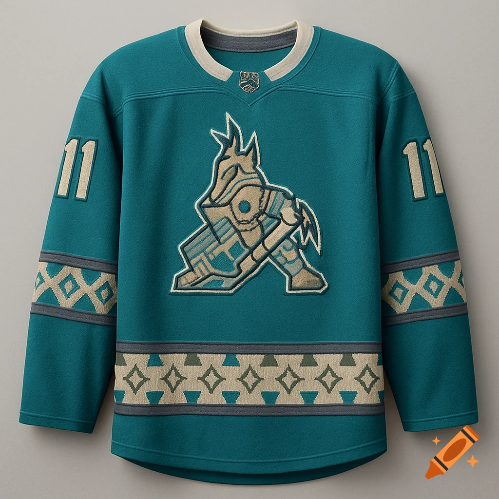 Turquoise hockey jersey with an embossed Kachina Coyote logo, patterned sleeves, and the number 11 on the shoulders.