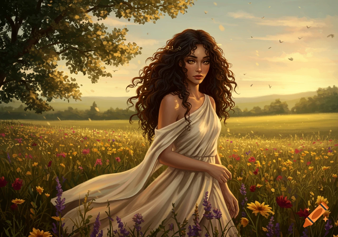 A woman with long, dark curly hair in a white flowing dress stands in a vibrant wildflower field at sunset.