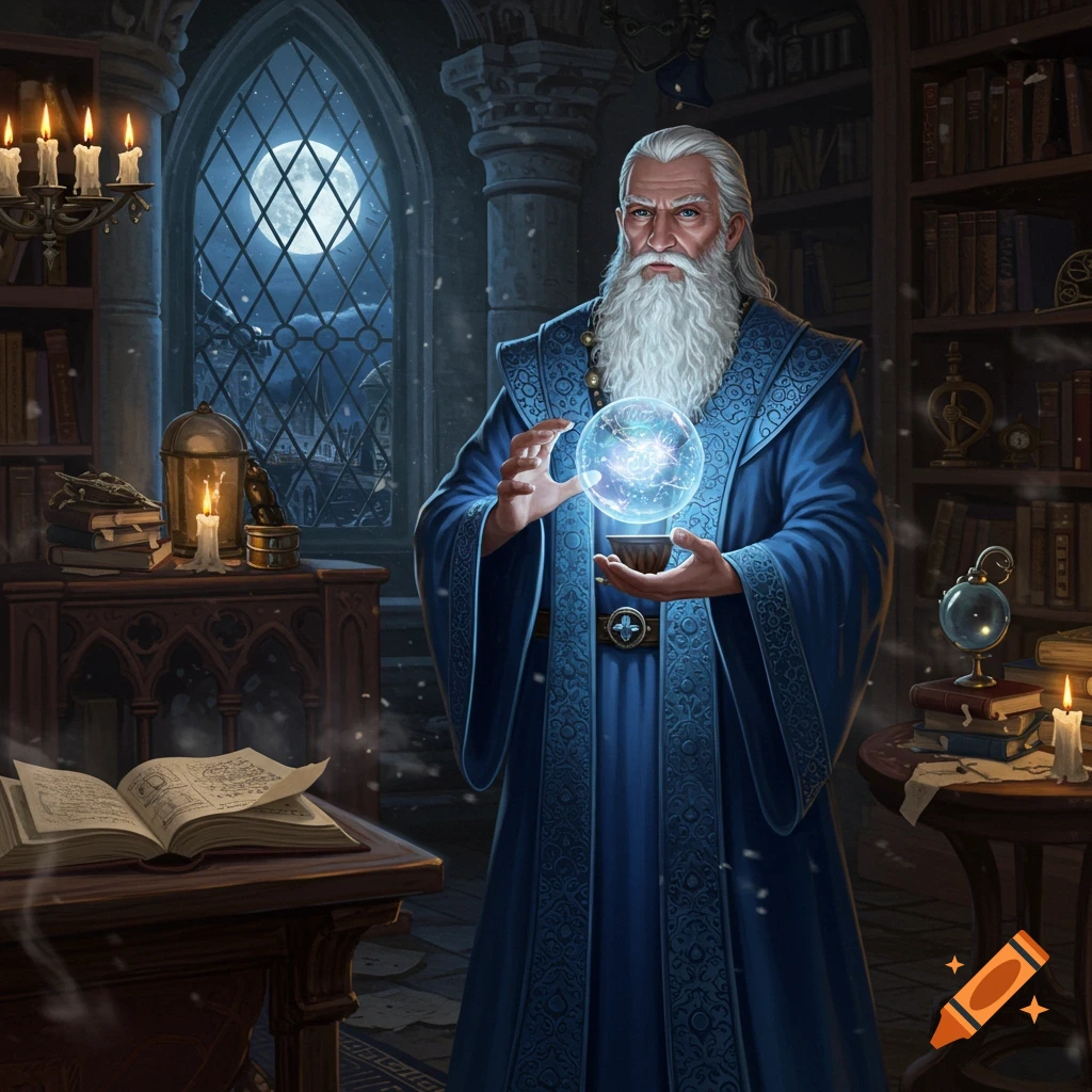 An old wizard with a white beard and blue robe conjures a glowing orb in a candlelit gothic library under a full moon.