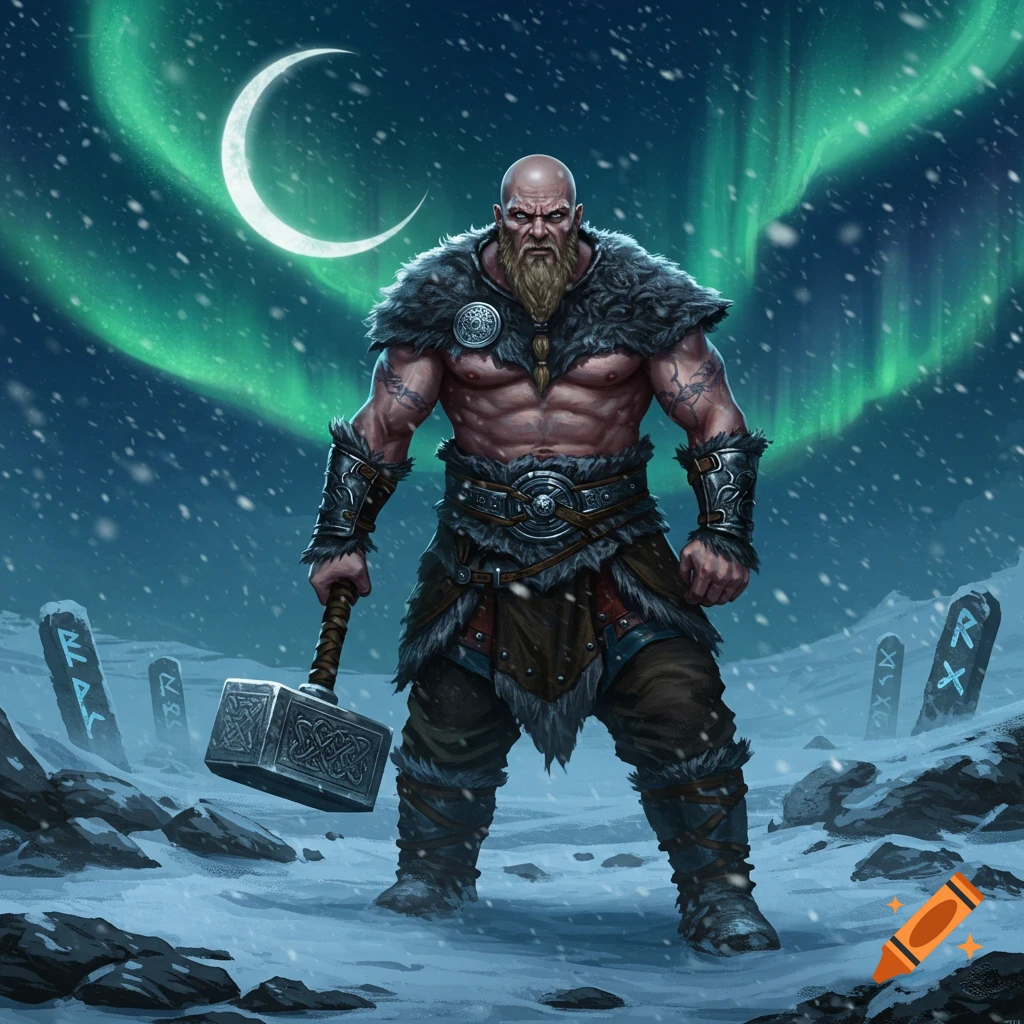 A bald, muscular berserker with a braided beard, wearing fur and armor, stands in a snowy landscape under a crescent moon and aurora borealis, holding a war hammer amidst rune-carved stones, in a digital art style.