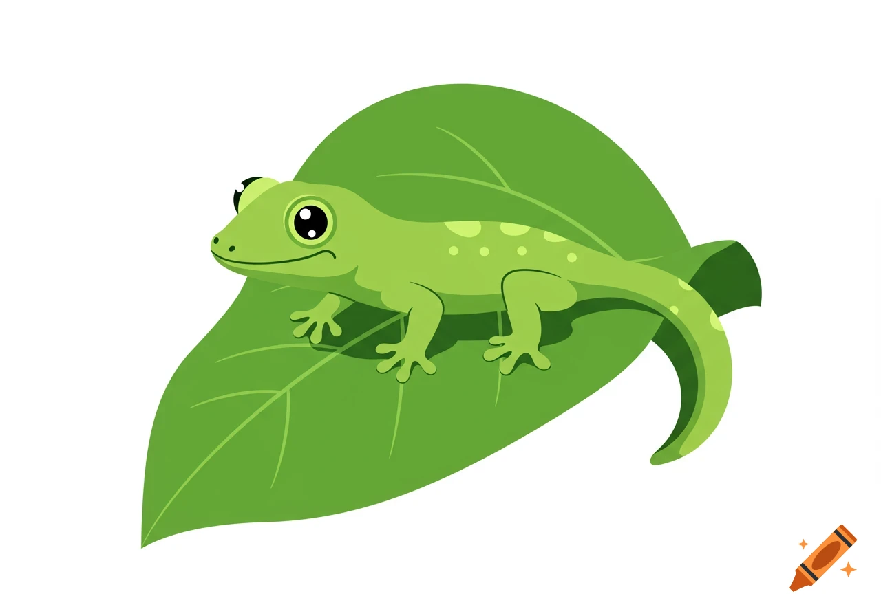 A cute green cartoon gecko with big eyes sits on a large green leaf.