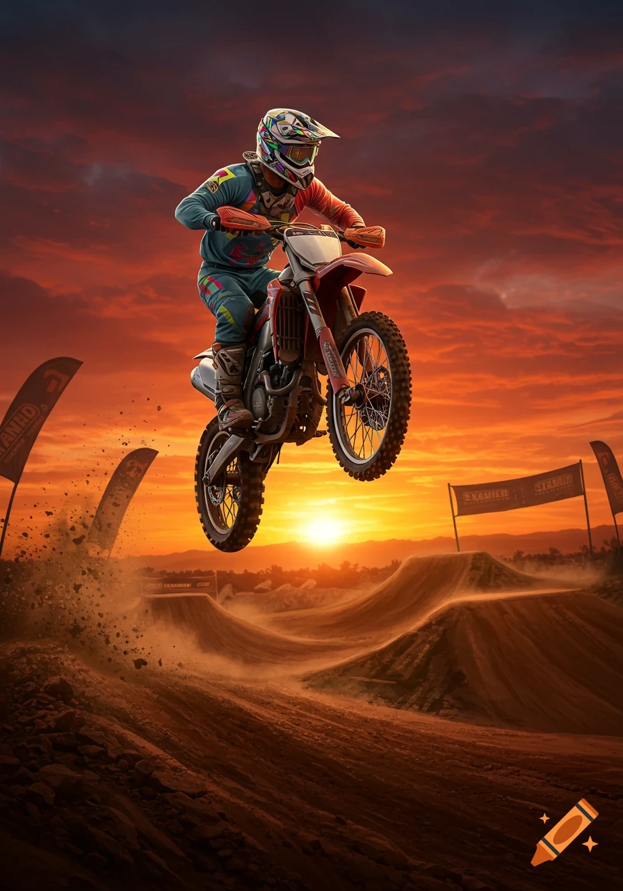 A motocross rider on a red dirt bike jumps over a track at sunset, with banners in the background.