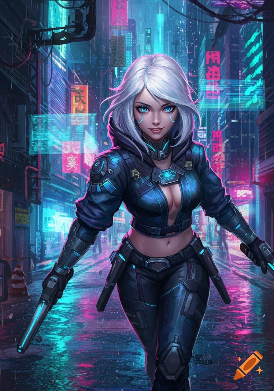 A white-haired woman with glowing blue eyes in a cyberpunk outfit and holding guns stands in a neon-lit futuristic city.