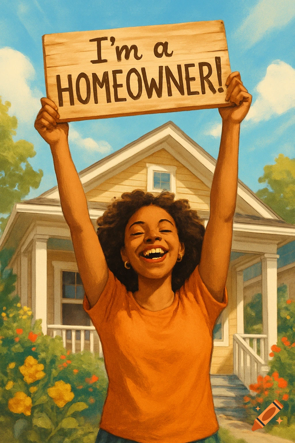 A happy woman with curly hair holds a wooden sign that reads 'I'm a HOMEOWNER!' in front of a house. The image is a colorful illustration.