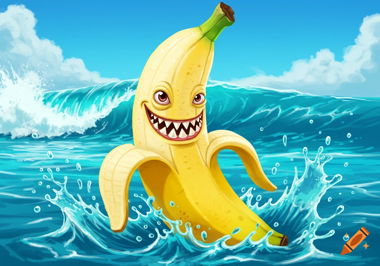 Vibrant cartoon banana with shark teeth and googly eyes emerging from blue ocean waves, water splashing around it.