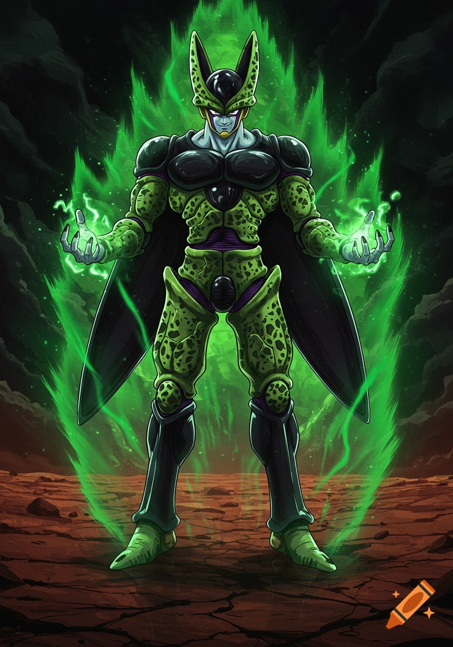 Cell from Dragon Ball Z, surrounded by a powerful green aura, stands on a cracked, barren landscape in anime style.