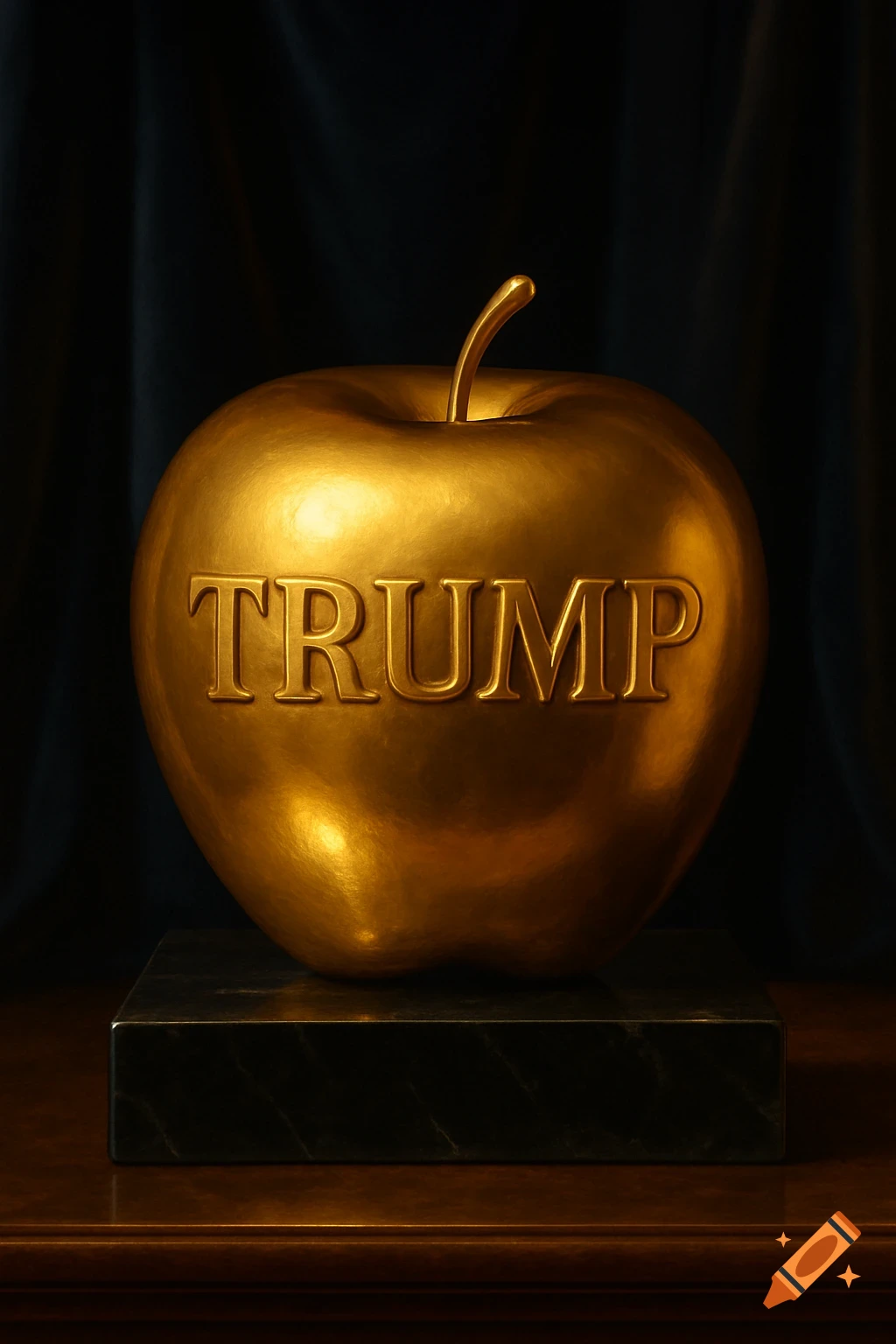 A shiny golden apple with the word TRUMP embossed on its side, sitting on a dark marble base.