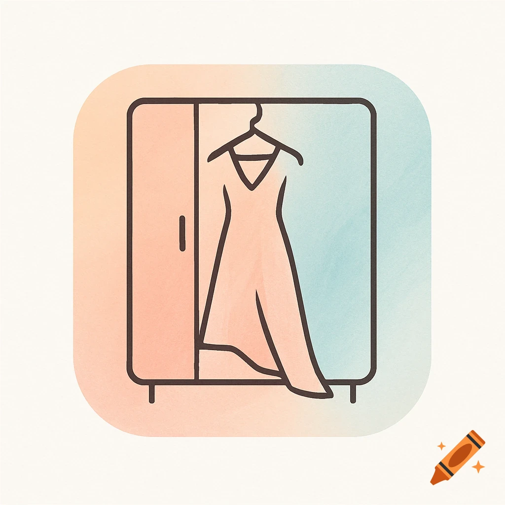 An illustration of a dress hanging in an open closet door, set against a pastel pink and blue background, designed as an app icon.
