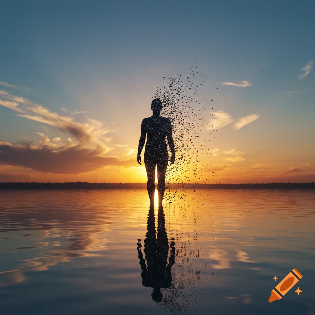 Silhouette of a person dissolving into particles over water at sunset, with sky and water reflections.