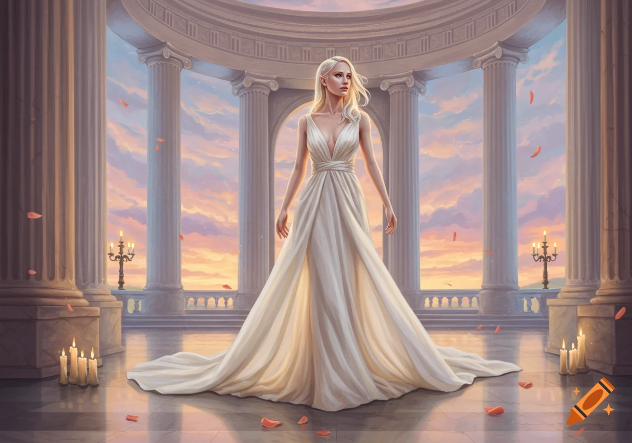 A woman with blonde hair and elf ears in a white flowing gown stands in a classical colonnade at sunset with rose petals.