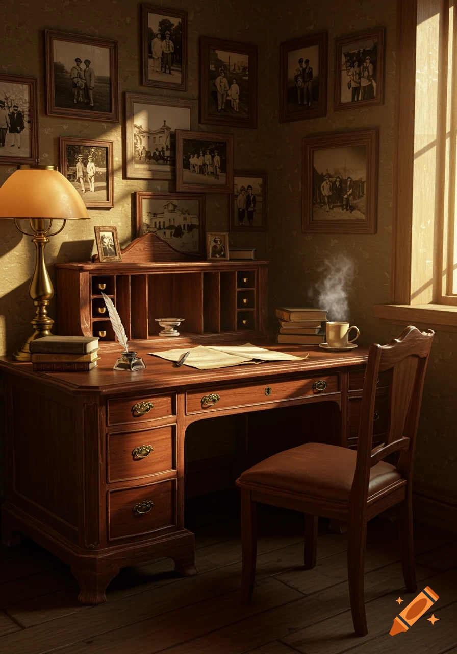 A richly detailed vintage wooden desk with a lamp, inkwell, books, and steaming cup in a sunlit corner room, surrounded by framed old photographs on the wall.