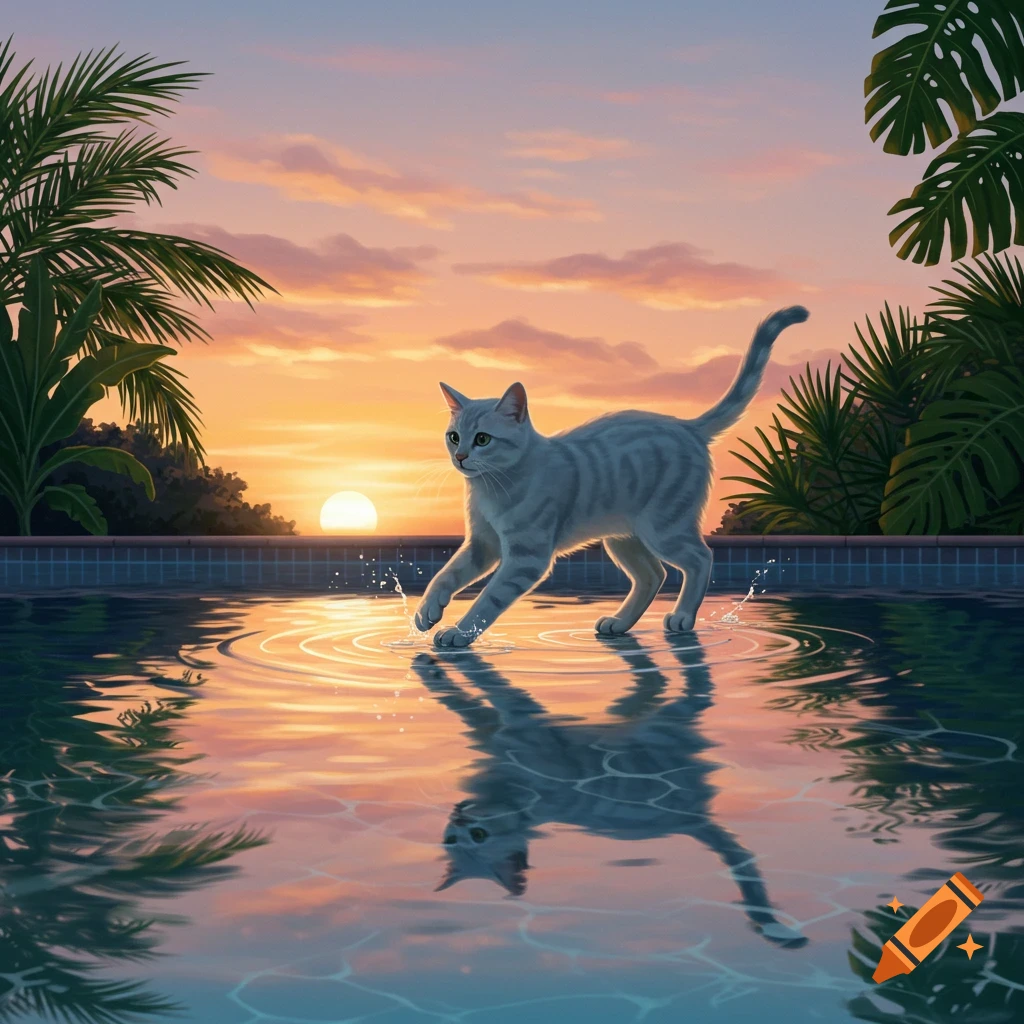 A striped cat walks in a swimming pool at sunset with palm trees, reflected in the water, in an illustrative style.