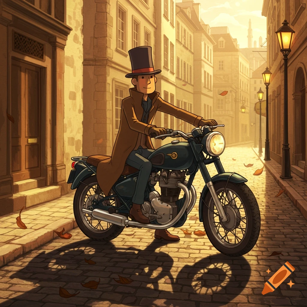 Cartoon Professor Layton rides a vintage motorcycle on a cobblestone street lined with buildings at sunset.