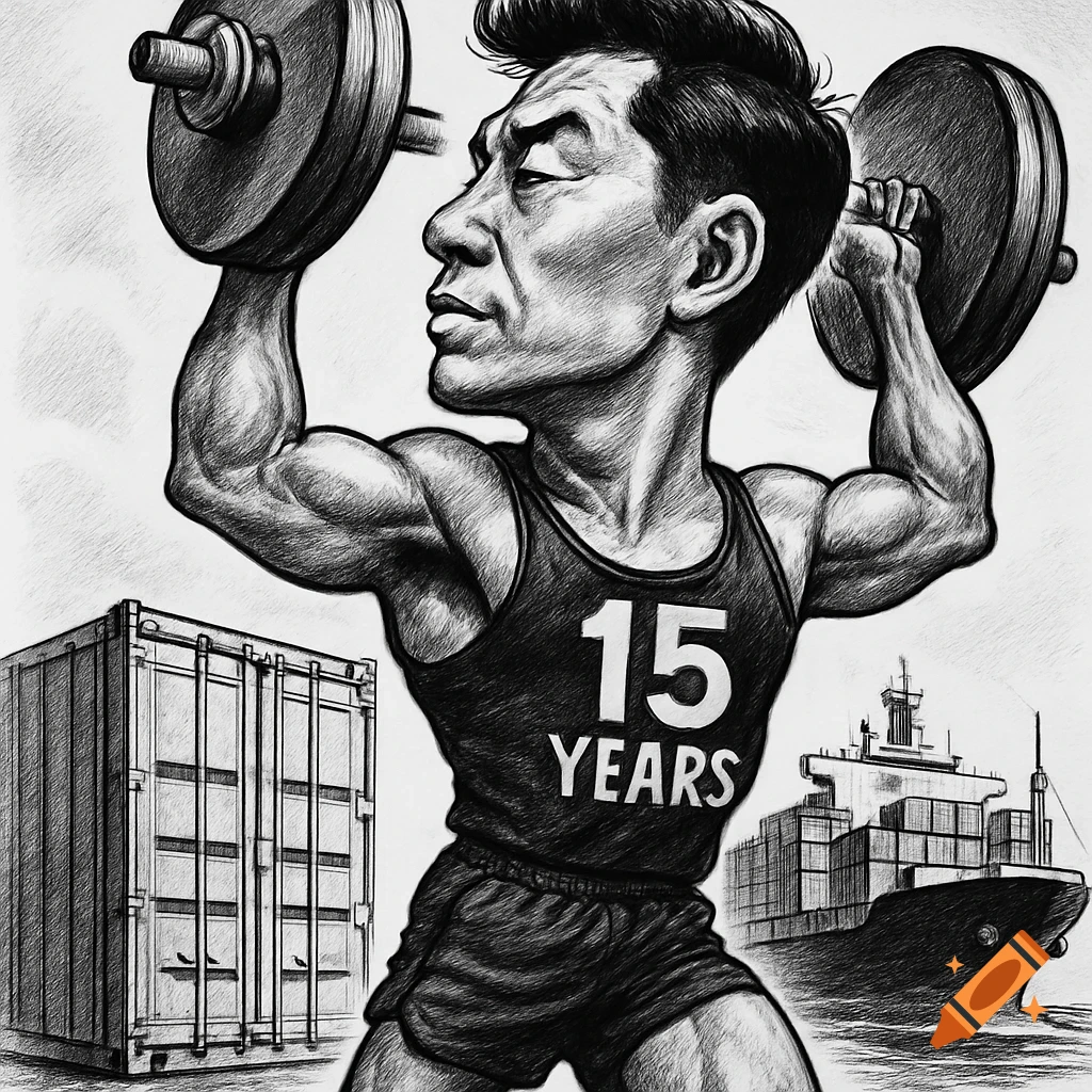 Black and white caricature sketch of a muscular Asian man lifting dumbbells, wearing a tank top with '15 YEARS' on it, with a shipping container and cargo ship in the background.