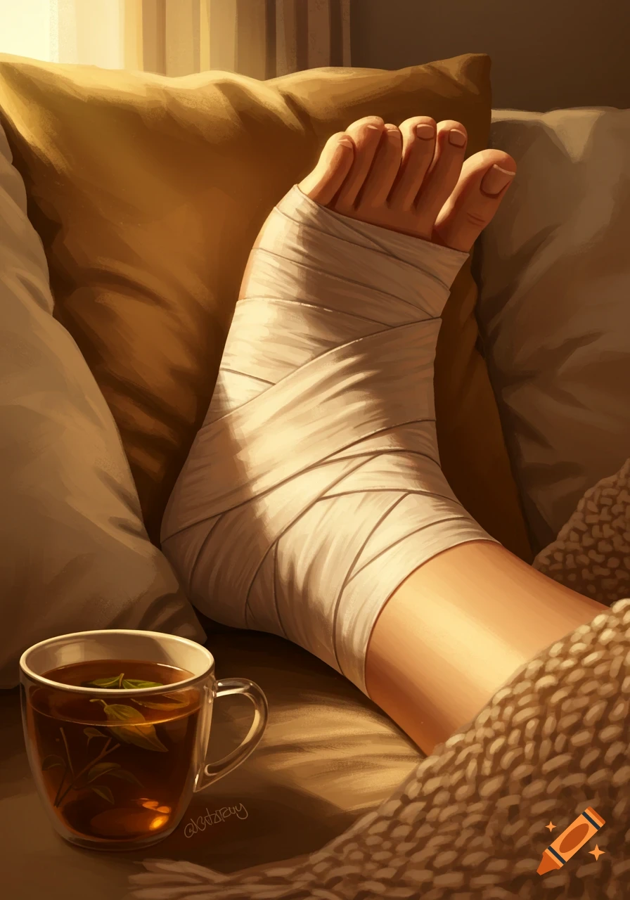A bandaged foot rests on golden pillows beside a clear mug of herbal tea, in a warm, illustrative style.