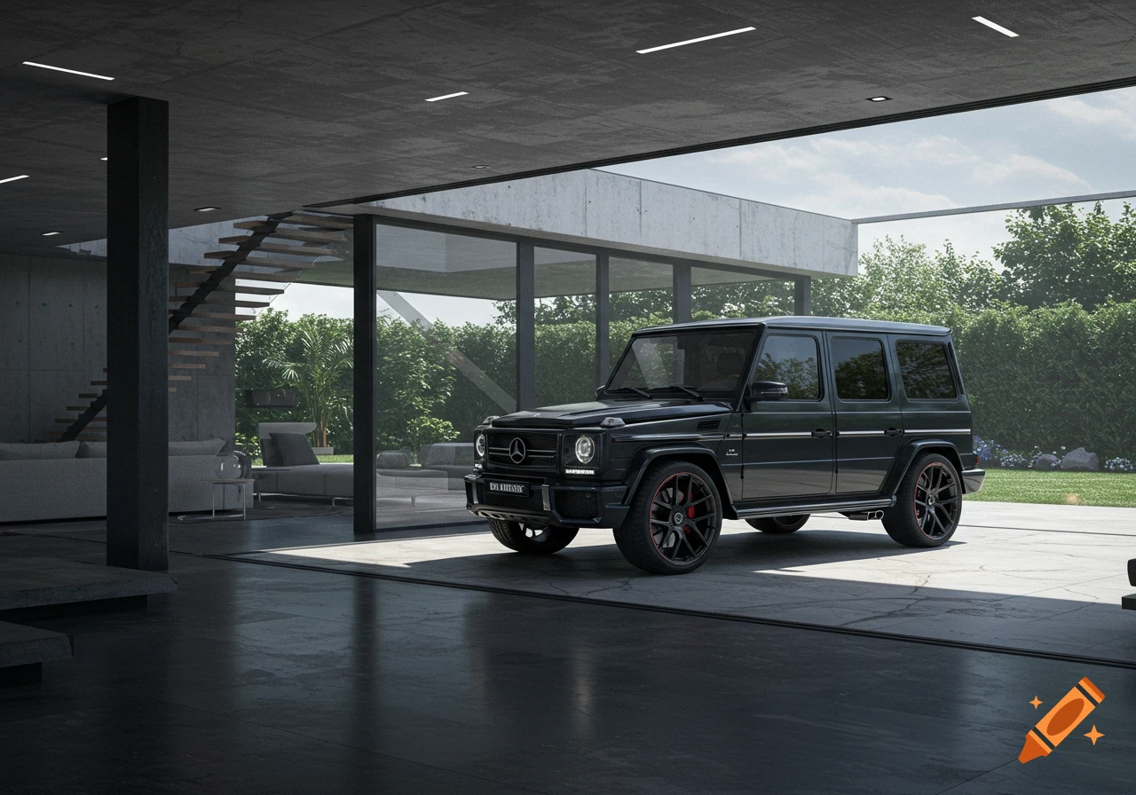 A black Mercedes-Benz G-Wagon parked in a bright, modern concrete garage with large windows overlooking a lush garden.