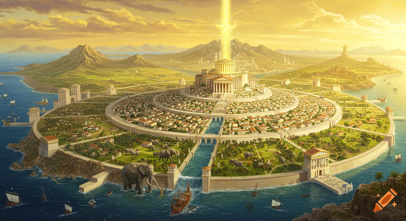 An aerial view of the grand, circular ancient city of Atlantis with a glowing central temple, surrounded by water, mountains, and elephants.