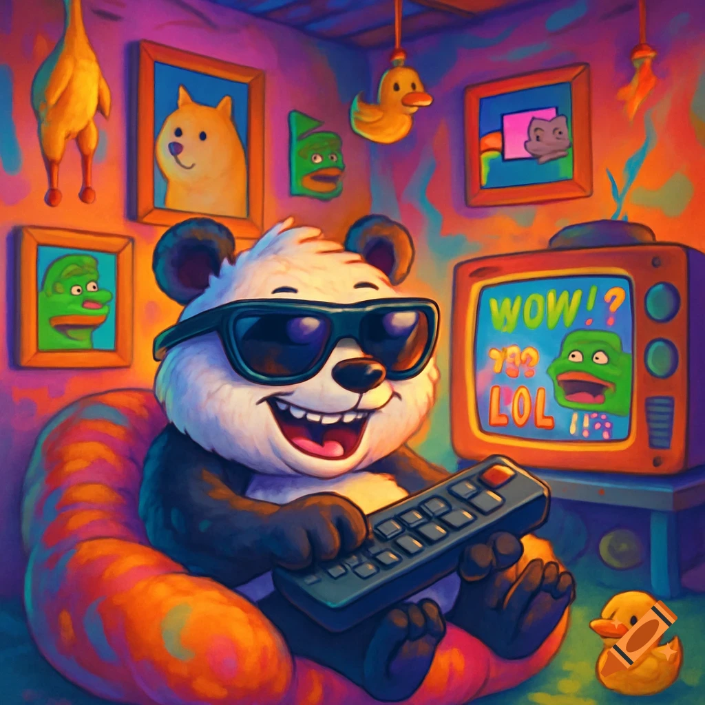 A cartoon panda with sunglasses sits on a beanbag, holding a remote, watching a retro TV screen displaying memes and text like "WOW!?" and "LOL". Various meme faces and quirky items adorn the vibrant, colorful background.
