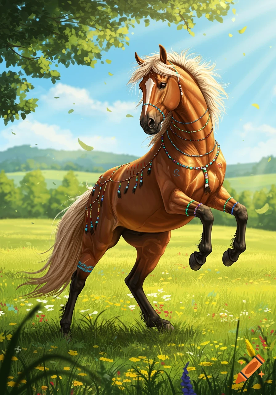 Majestic brown horse with beaded decorations rearing in a vibrant green meadow under a blue sky, illustrative style.