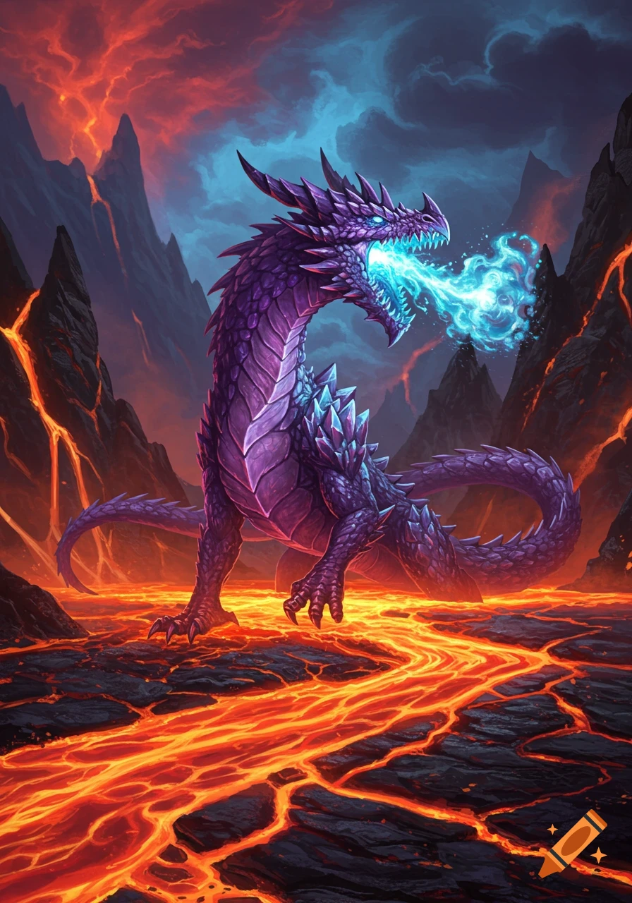 A majestic purple, amethyst-like dragon breathes bright blue fire while standing in a volcanic landscape with glowing orange lava.