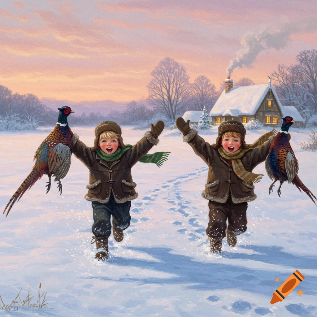 A painting of two cheerful boys in winter coats running excitedly through a snowy field, each holding a pheasant, towards a warm, lit house.