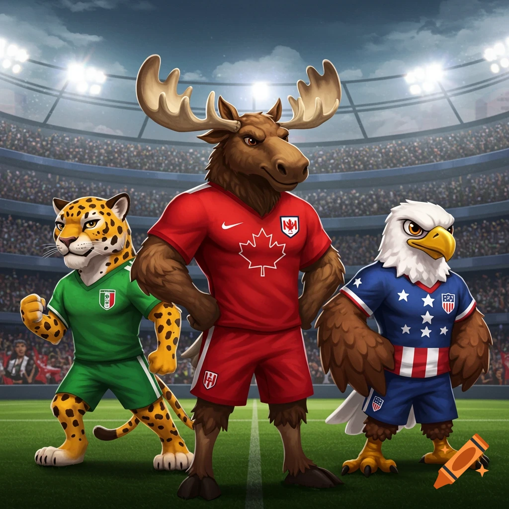 A jaguar, moose, and bald eagle in national soccer uniforms stand in a stadium. The jaguar wears Mexico's green, the moose Canada's red, and the eagle USA's blue.