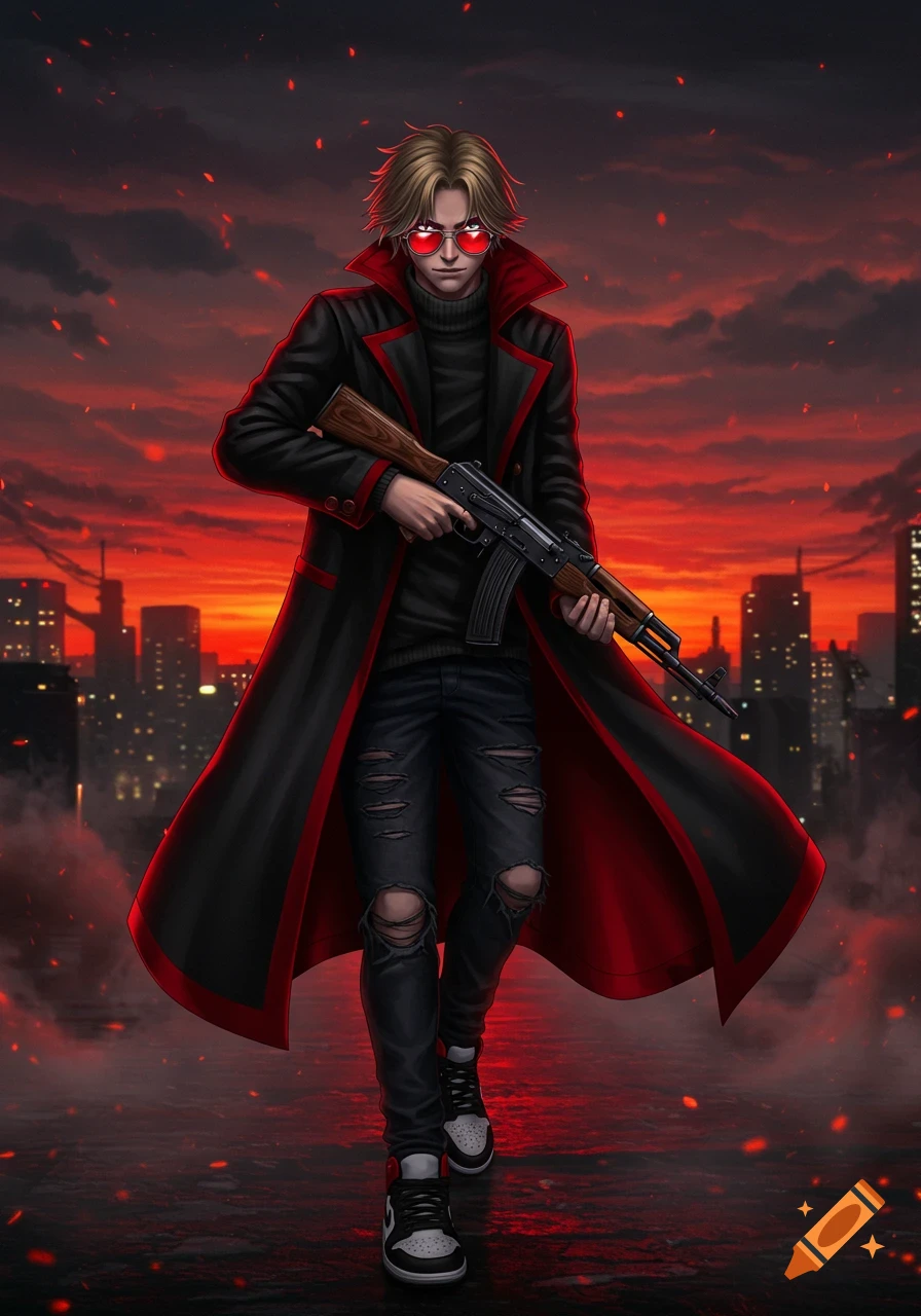 Anime character with dark blond hair and red aviators, wearing a black coat and ripped jeans, holding an AK-47 in a city at sunset.