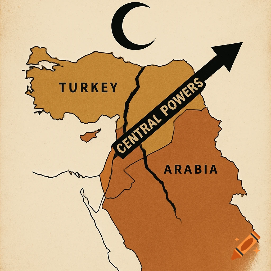 A vintage-style map of the Middle East, showing Turkey and Arabia with a crack, an arrow labeled 'Central Powers', and a crescent moon symbol.
