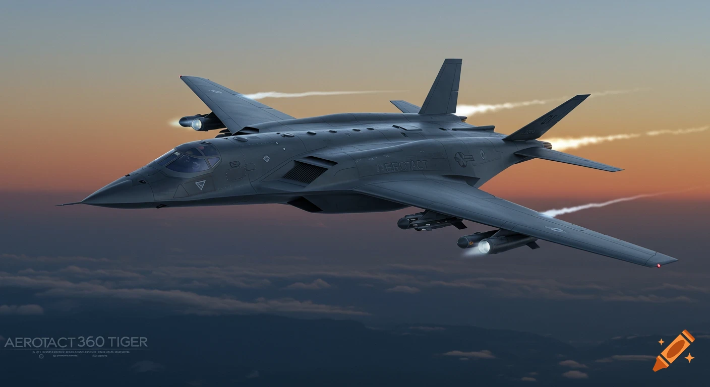 A photorealistic futuristic stealth fighter jet, named AEROTACT 360 TIGER, flies above clouds at sunset.
