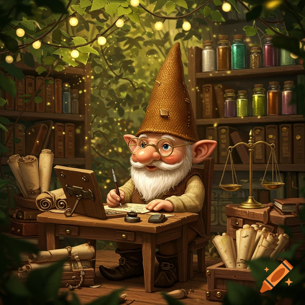 A friendly gnome with a tall hat and glasses sits at a wooden desk, writing on paper in a cozy, magical study filled with books, potions, and string lights.