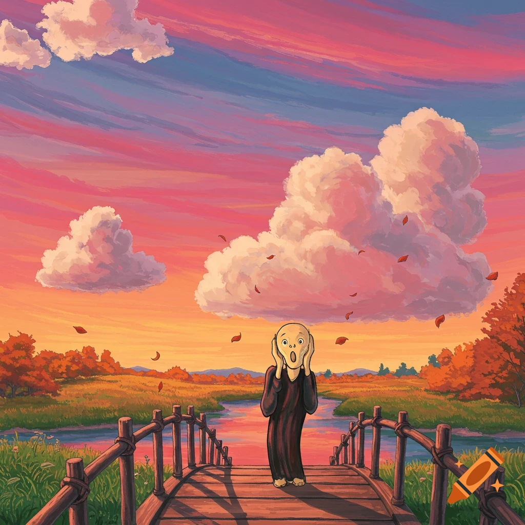A figure resembling 'The Scream' stands on a wooden bridge over a river at sunset, in a Ghibli-inspired autumn landscape.