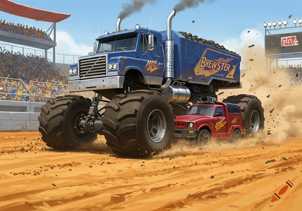 A blue monster truck with 'BREWSTER' written on its side crushes a red pickup truck on a dirt track, with a cheering crowd in the background in a stylized art style.