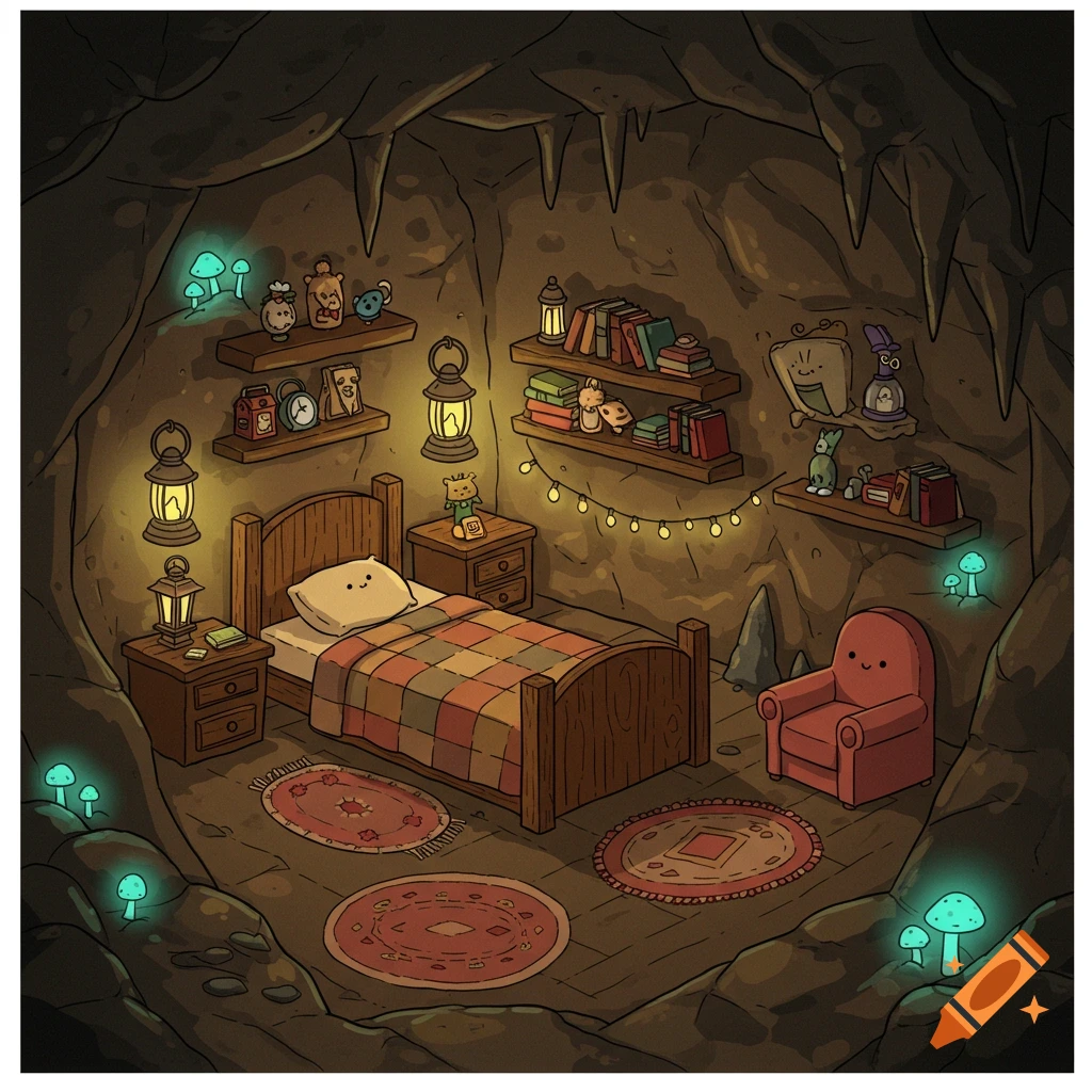A charming cartoon bedroom set inside a cozy cave, complete with a bed, bookshelves, glowing mushrooms, and string lights.