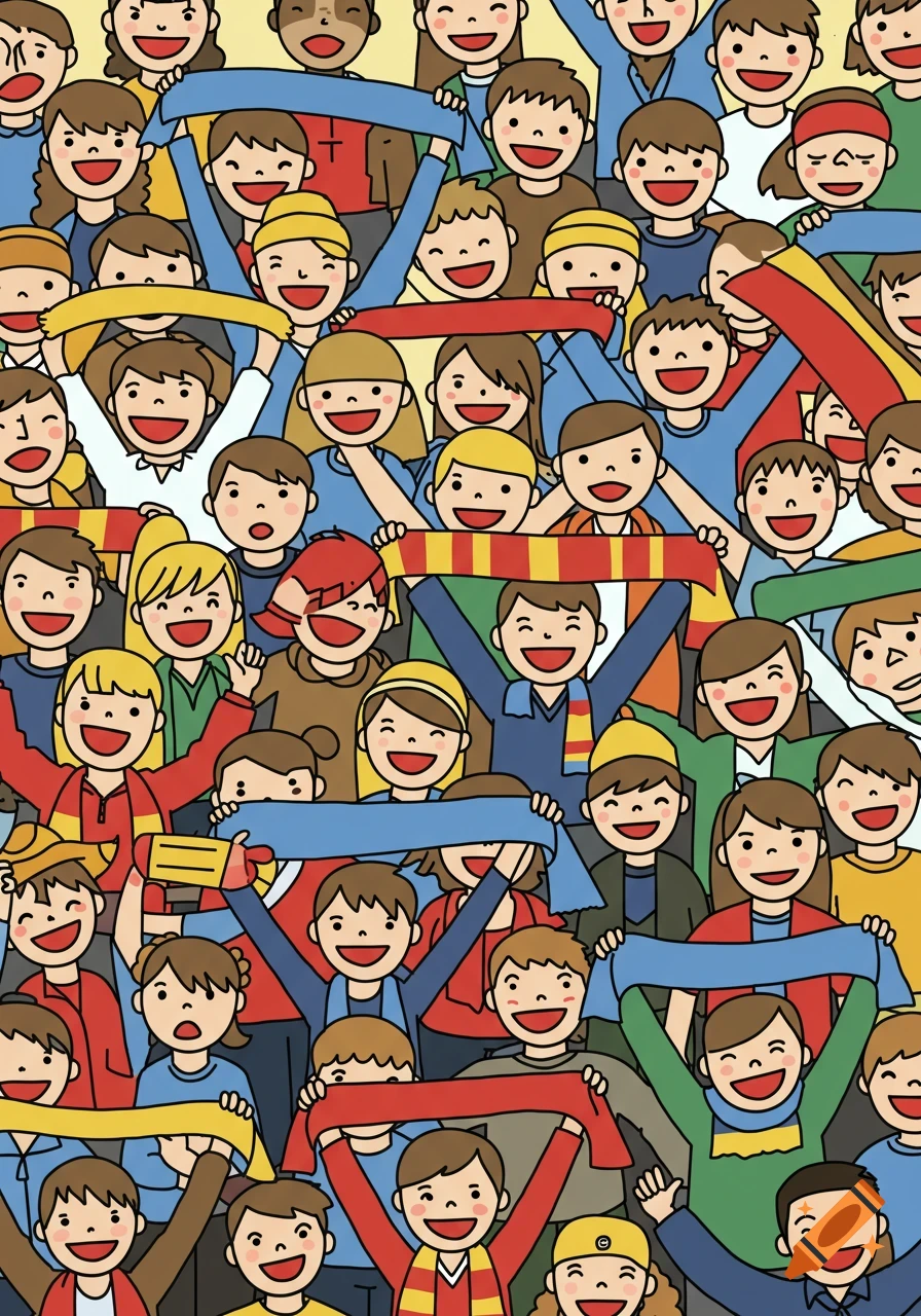 A large, dense crowd of smiling, cartoon-style people, many holding up colorful scarves in a cheering pose.
