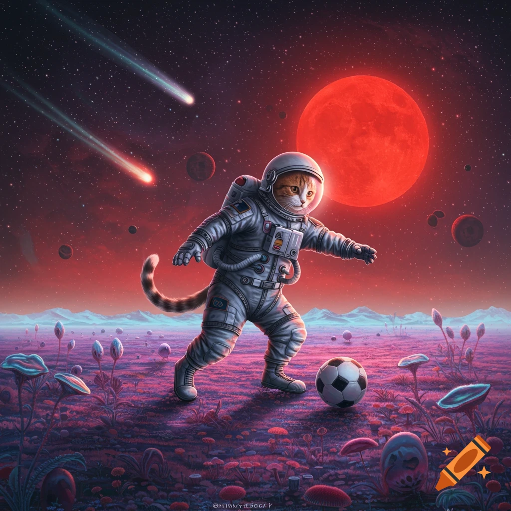 An orange tabby cat in an astronaut suit plays soccer on a colorful alien planet under a large red sun and meteor shower.