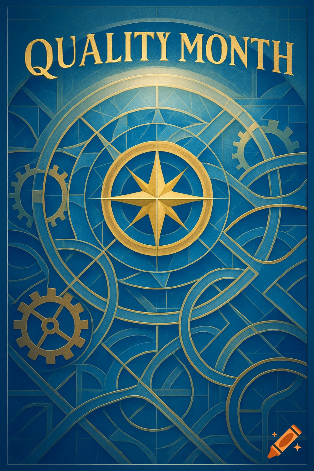 A blue and gold poster with 'QUALITY MONTH' text, featuring intricate geometric patterns, gears, and a central compass star.