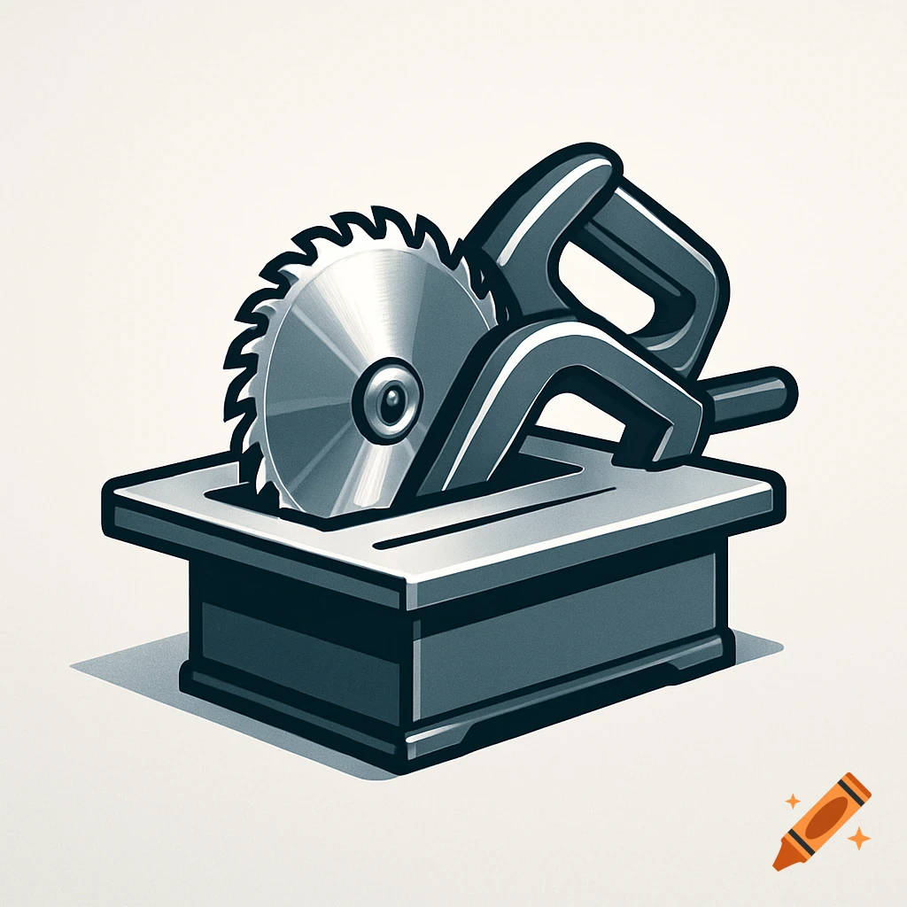 Stylized illustration of a grey table saw, designed like a logo or icon.