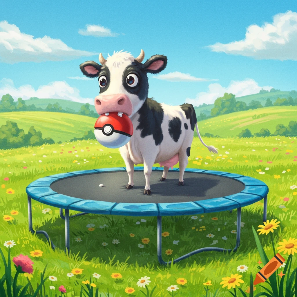 A cartoon cow stands on a trampoline in a grassy field, holding a red and white Pok\u00e9 ball in its mouth.