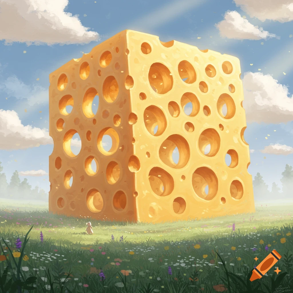 A colossal, hole-filled cheese cube stands in a vibrant green field with colorful wildflowers under a blue sky, with a tiny mouse nearby.