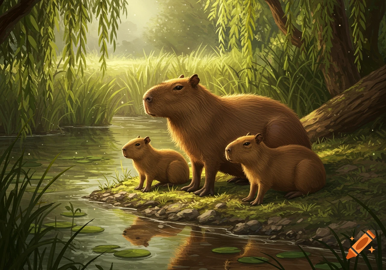 A family of capybaras, an adult and two young, sits by a lush, sunlit riverbank in a detailed digital painting.