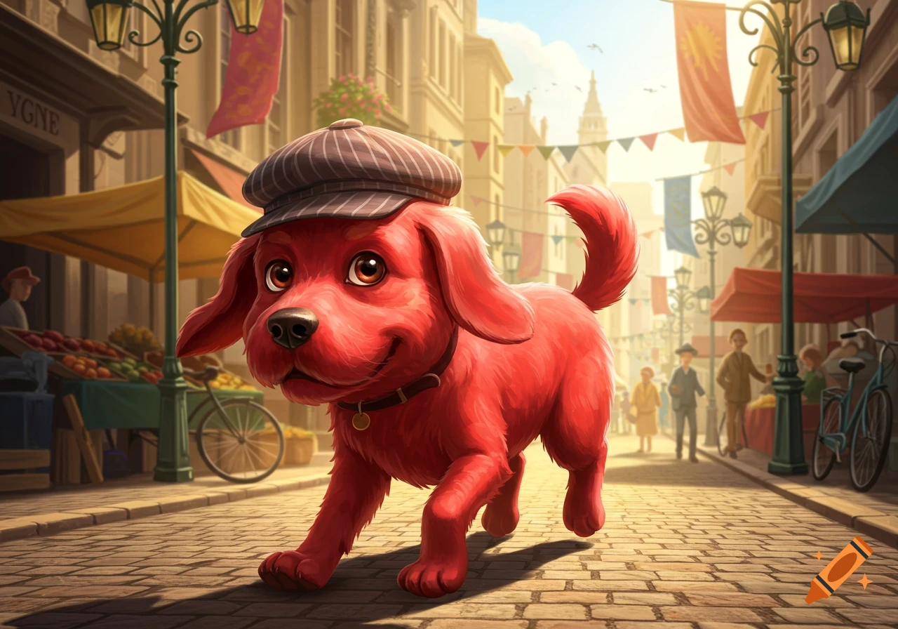 A cartoon red dog wearing a striped cap walks down a cobblestone street lined with market stalls under a sunny sky.
