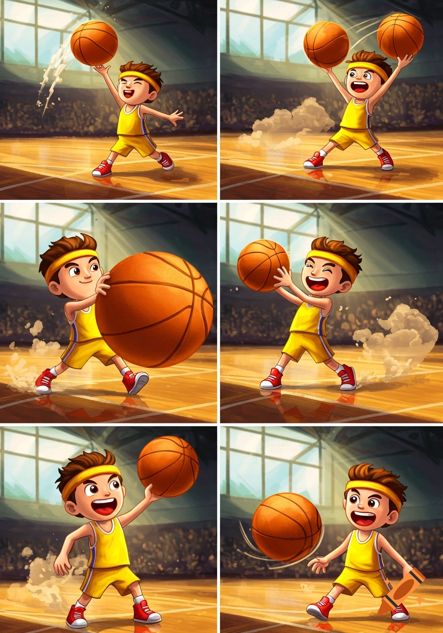 A six-panel cartoon sequence of a happy boy playing basketball on a court.