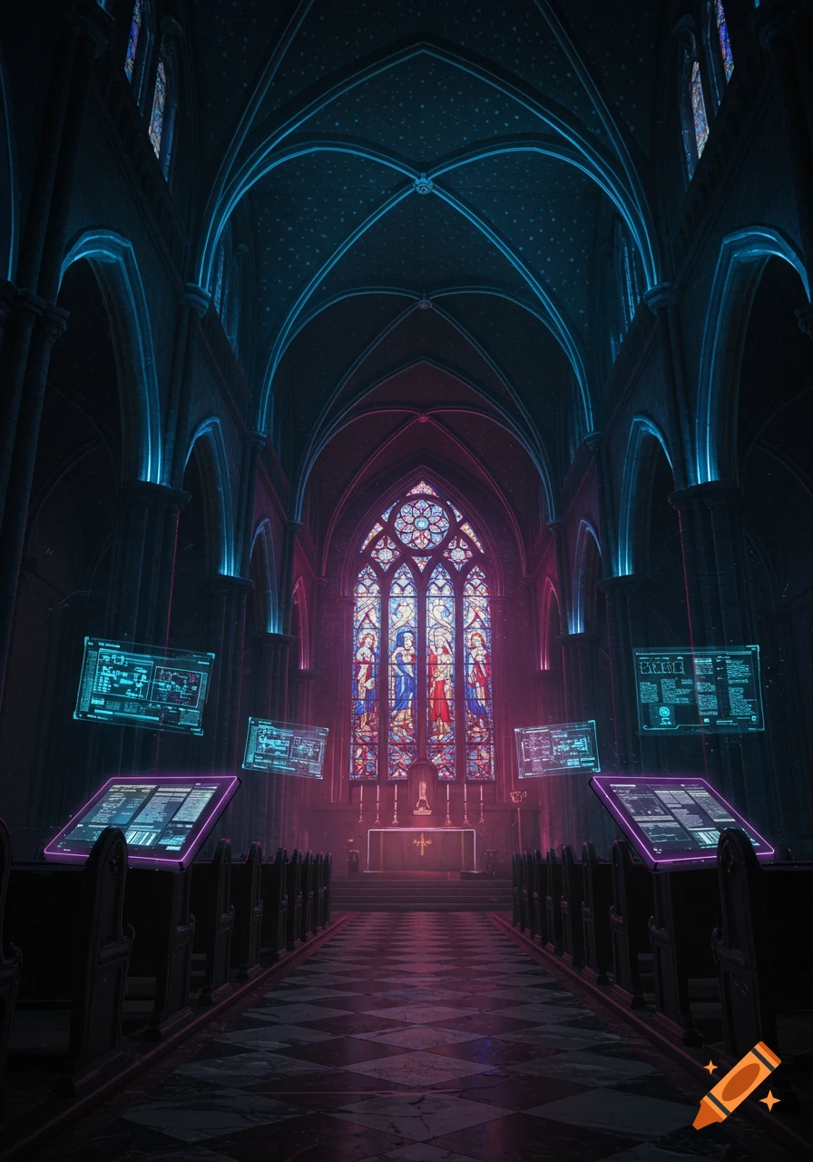 A gothic cathedral interior bathed in neon blue and pink lights, with a large stained-glass window and floating holographic screens showing abstract data.