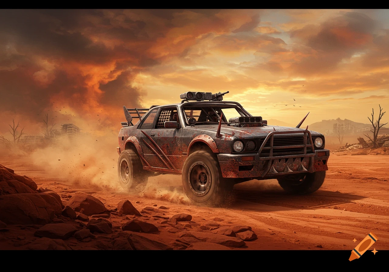 A heavily armored, rusty post-apocalyptic car drives through a dusty desert landscape under a fiery orange sky.