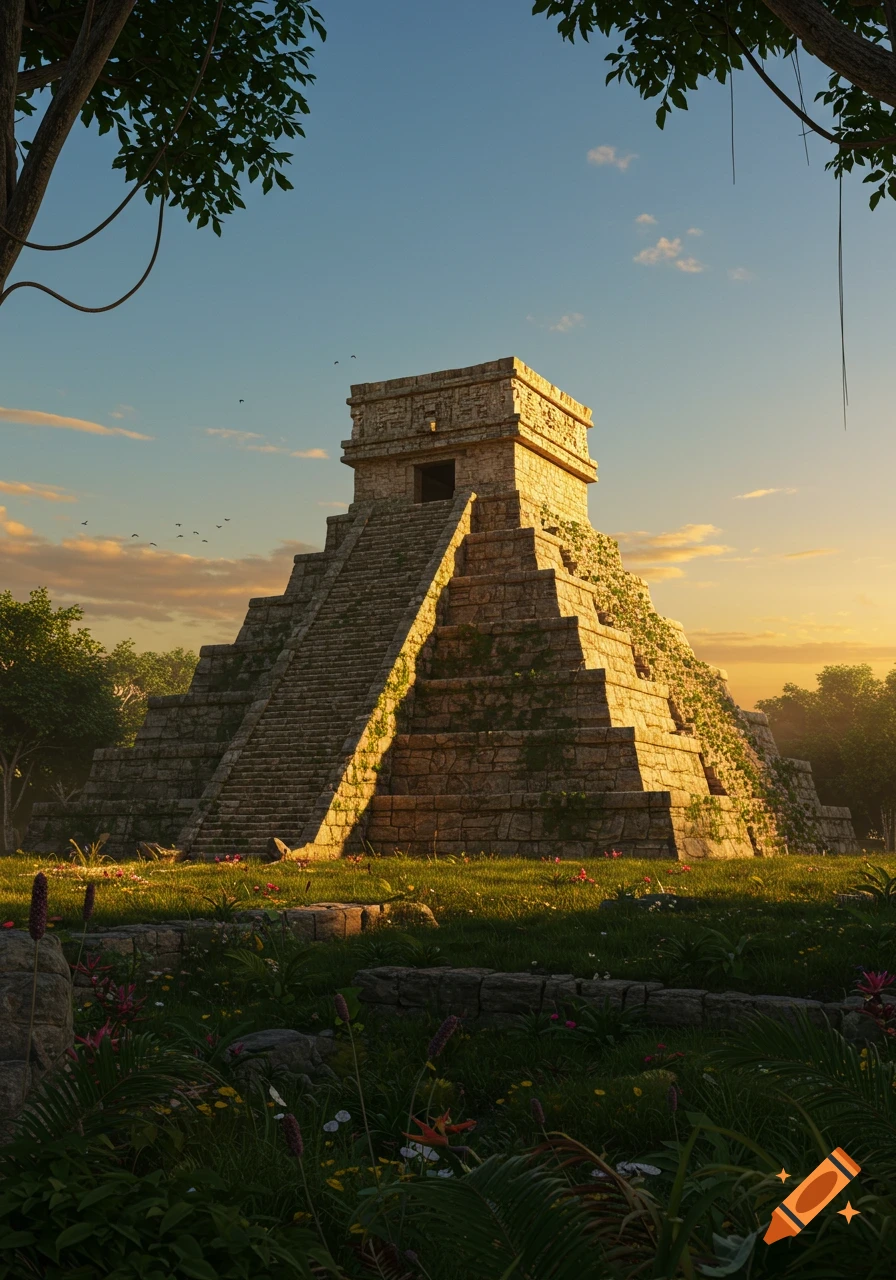 Photorealistic image of a majestic Mayan pyramid surrounded by lush green foliage under a sunset sky.