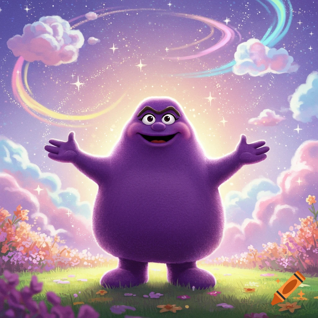 Grimace, a purple fuzzy character with a big smile, stands in a vibrant magical field under a starry, dreamlike sky with colorful clouds and rainbows.