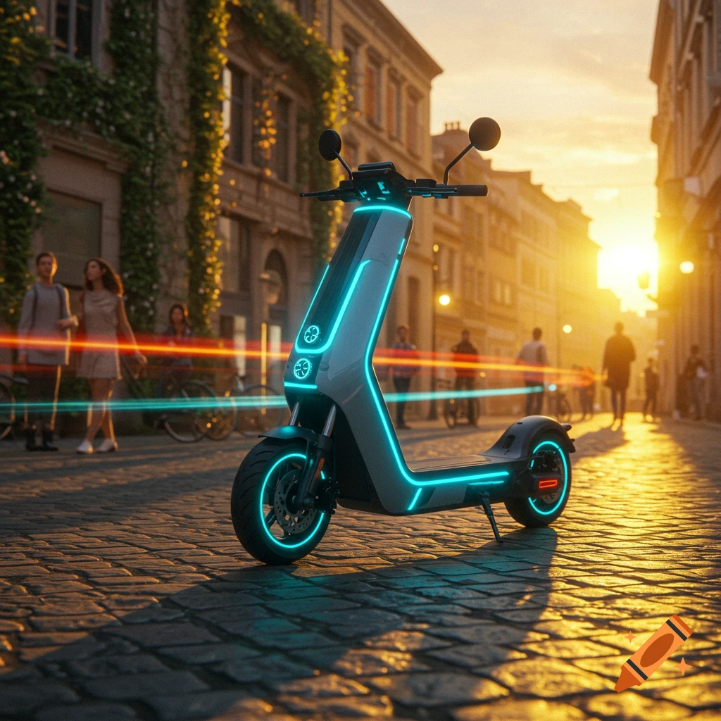A futuristic electric scooter with neon blue lights on a cobblestone street at sunset. Blurred people and buildings are in the background.