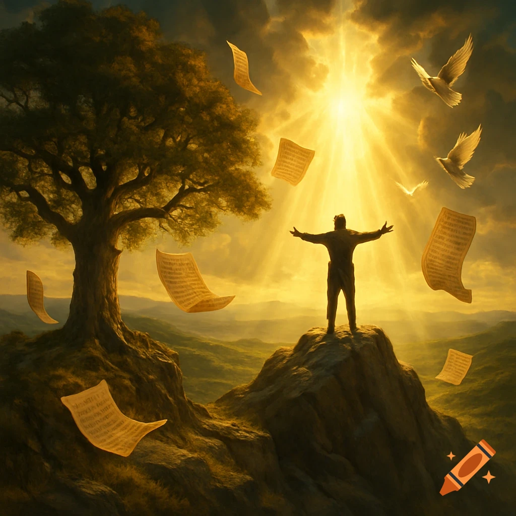 A person on a mountain with arms outstretched towards radiant golden light, surrounded by a vast landscape, a tree, floating scrolls, and doves.